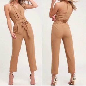 Lulu's In The City Tan Surplice Sleeveless Jumpsuit Size S